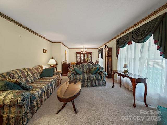 1302 Hawthorne Rd, Lancaster, SC 29720 - living area featuring carpet floors, ornamental molding, healthy amount of natural light, and a chandelier