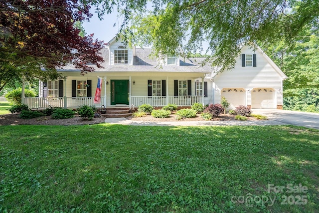135 Primrose Dr, Salisbury, NC 28147 - cape cod home with covered porch, concrete driveway, a front lawn, and an attached garage