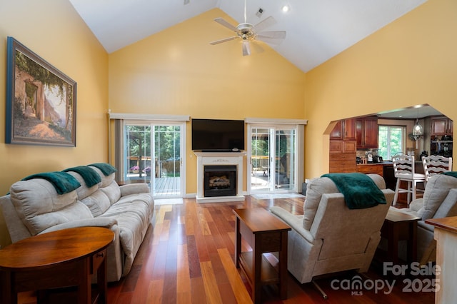 135 Primrose Dr, Salisbury, NC 28147 - living room featuring high vaulted ceiling, a ceiling fan, wood finished floors, a fireplace with raised hearth, and plenty of natural light