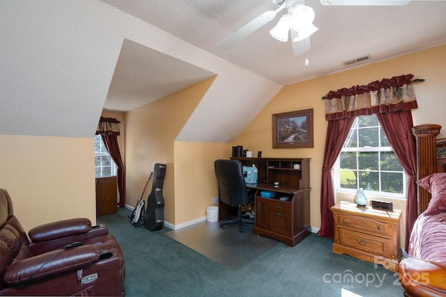 135 Primrose Dr, Salisbury, NC 28147 - carpeted home office with lofted ceiling, ceiling fan, and a textured ceiling