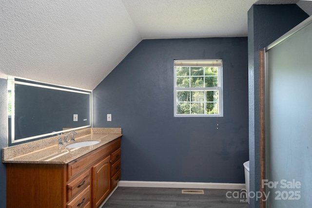 135 Primrose Dr, Salisbury, NC 28147 - bathroom with a textured ceiling, wood finished floors, lofted ceiling, and vanity