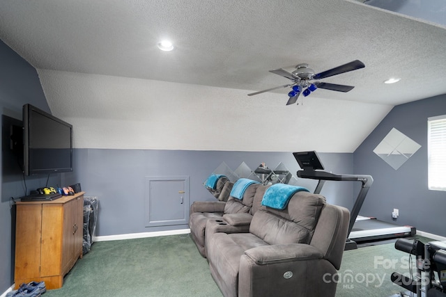 135 Primrose Dr, Salisbury, NC 28147 - workout room featuring vaulted ceiling, a textured ceiling, carpet floors, a ceiling fan, and recessed lighting