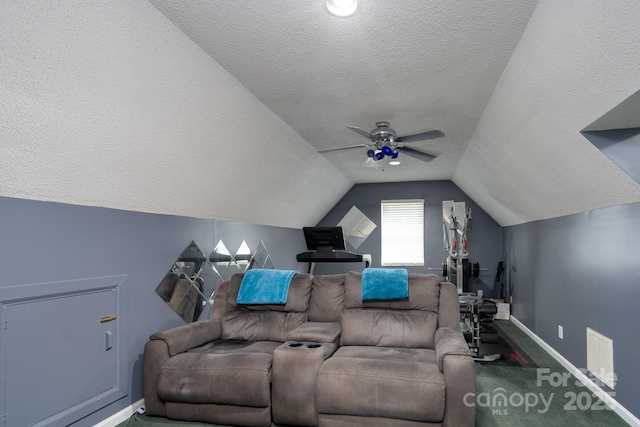 135 Primrose Dr, Salisbury, NC 28147 - home theater with a textured ceiling, carpet, ceiling fan, and lofted ceiling