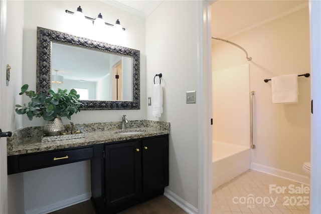 8829 Gelligum Dr, Charlotte, NC 28277 - full bathroom featuring shower / tub combination, vanity, crown molding, and tile patterned floors