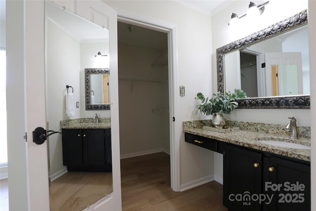 8829 Gelligum Dr, Charlotte, NC 28277 - bathroom featuring wood finished floors, crown molding, a walk in closet, and two vanities