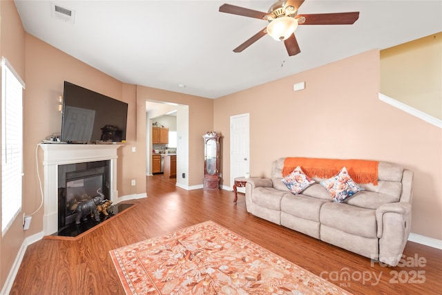 8618 Redding Glen Ave, Charlotte, NC 28216 - living room with a ceiling fan, wood finished floors, a fireplace, and plenty of natural light