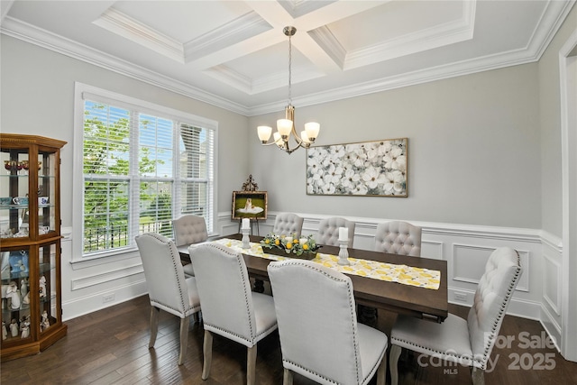221 N Centurion Ln, Mount Holly, NC 28120 - dining space featuring a chandelier, plenty of natural light, beamed ceiling, dark wood-style flooring, and coffered ceiling