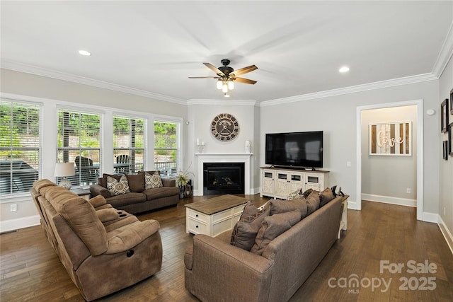 221 N Centurion Ln, Mount Holly, NC 28120 - living room with crown molding, a ceiling fan, dark wood-style flooring, recessed lighting, and a glass covered fireplace