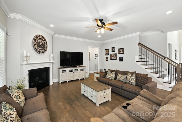 221 N Centurion Ln, Mount Holly, NC 28120 - living area with a ceiling fan, recessed lighting, dark wood-style floors, stairway, and a glass covered fireplace