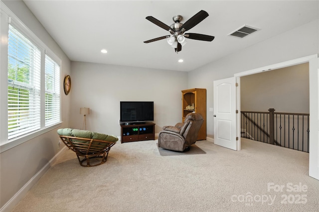 221 N Centurion Ln, Mount Holly, NC 28120 - living area featuring carpet flooring, a ceiling fan, recessed lighting, and an upstairs landing
