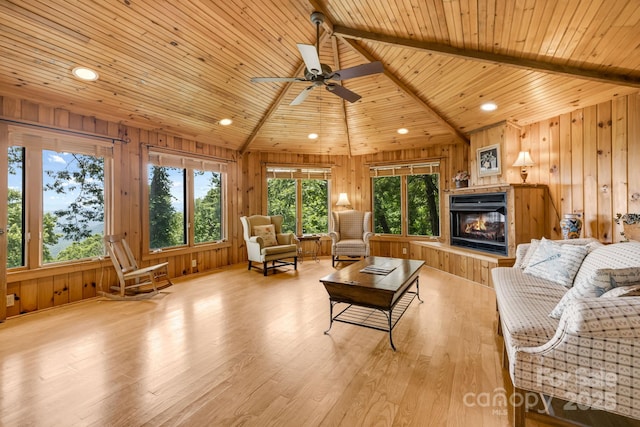 203 Laurel Ln, Little Switzerland, NC 28752 - living area with wooden ceiling, a glass covered fireplace, wood walls, a ceiling fan, and wood finished floors