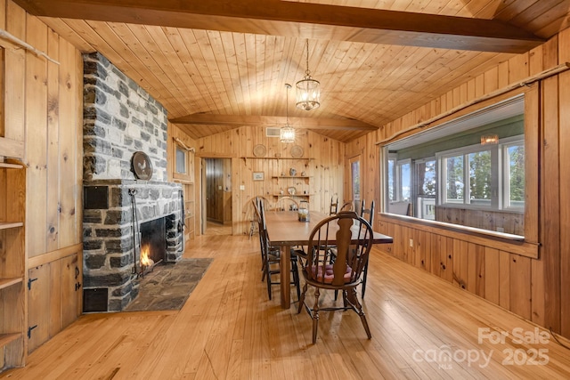 203 Laurel Ln, Little Switzerland, NC 28752 - dining space featuring wood walls, hardwood / wood-style flooring, a fireplace, and wood ceiling