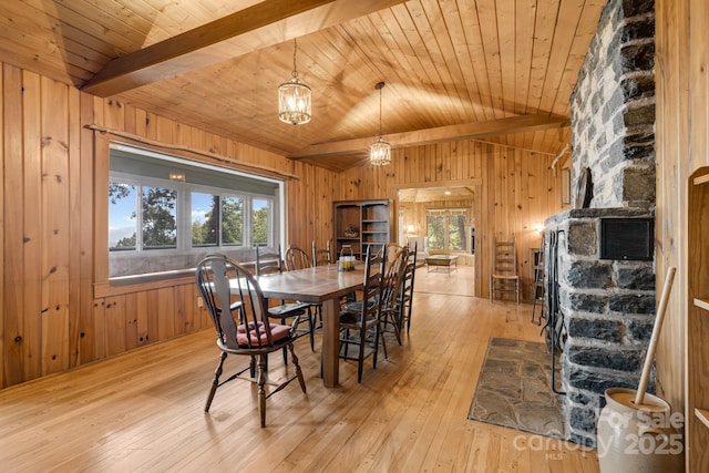 203 Laurel Ln, Little Switzerland, NC 28752 - dining room with wood walls, light wood-style floors, a stone fireplace, and a wood ceiling with exposed beams