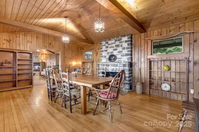 203 Laurel Ln, Little Switzerland, NC 28752 - dining space featuring wooden walls, light wood finished floors, a fireplace, and wood ceiling