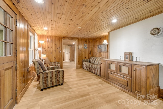 203 Laurel Ln, Little Switzerland, NC 28752 - sitting room with light wood-type flooring, wooden walls, recessed lighting, and wood ceiling
