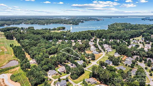1036 Foreman Ct, Denver, NC 28037 - aerial perspective of suburban area featuring a nearby body of water and property boundaries highlighted