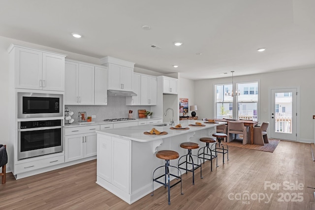 9212 Delancey Ln Unit 63, Concord, NC 28027 - kitchen with appliances with stainless steel finishes, light wood-style flooring, white cabinets, backsplash, and light countertops