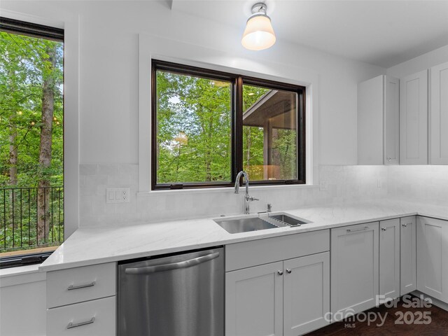 285 Poplar Crest Dr, Pisgah Forest, NC 28768 - kitchen with dishwasher, backsplash, light stone counters, and white cabinets