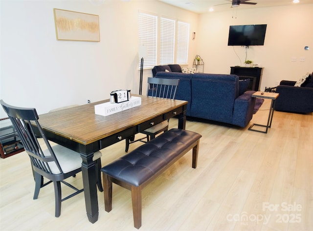 12209 Riceland Way, Midland, NC 28107 - dining room featuring light wood-style flooring, ceiling fan, and recessed lighting