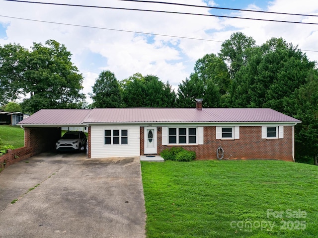 2310 Honeysuckle Pl, Lenoir, NC 28645 - ranch-style home with concrete driveway, brick siding, an attached carport, a front yard, and a metal roof
