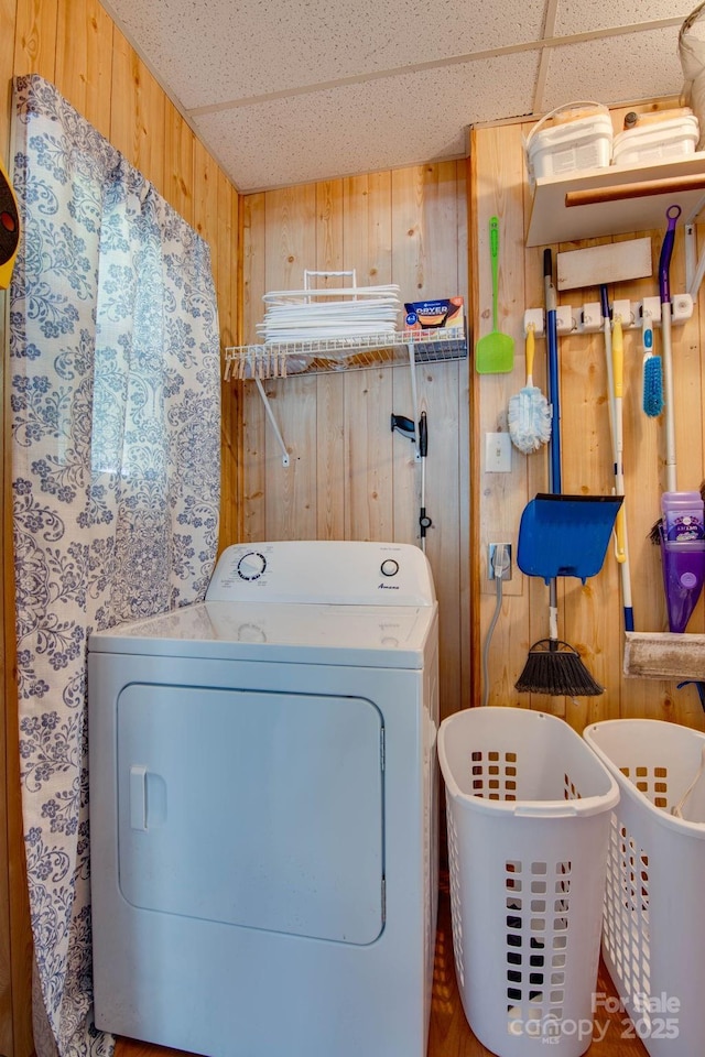 2310 Honeysuckle Pl, Lenoir, NC 28645 - laundry area featuring washer / dryer and wood walls