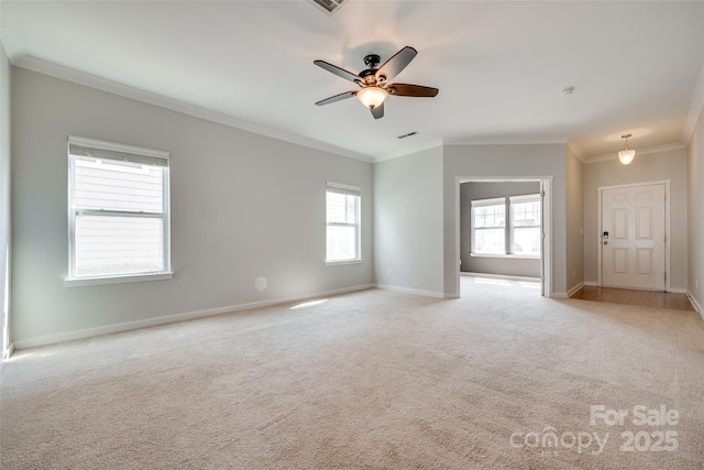 365 Battery Cir, Clover, SC 29710 - empty room featuring ornamental molding, light colored carpet, a ceiling fan, and a smoke detector