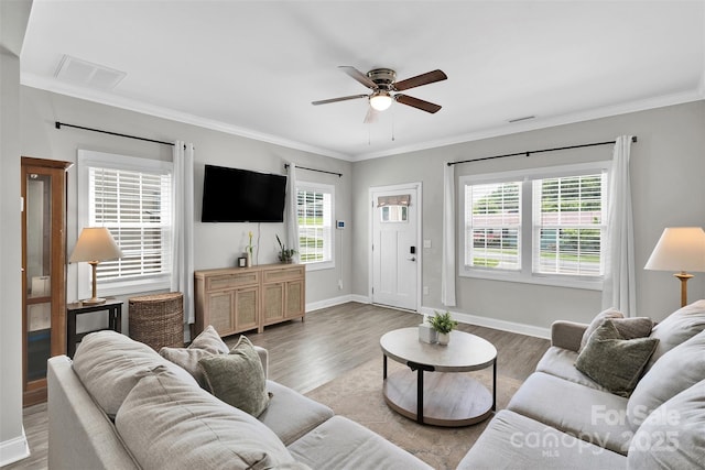 2662 14th St NE, Hickory, NC 28601 - living room with a ceiling fan, wood finished floors, and ornamental molding