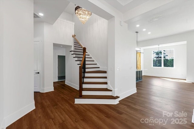 108 Augusta Ln, Shelby, NC 28150 - staircase featuring a chandelier, wood finished floors, and recessed lighting