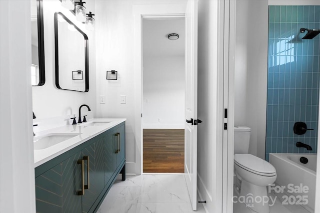 108 Augusta Ln, Shelby, NC 28150 - full bathroom featuring double vanity, marble look tile flooring, and shower / tub combination