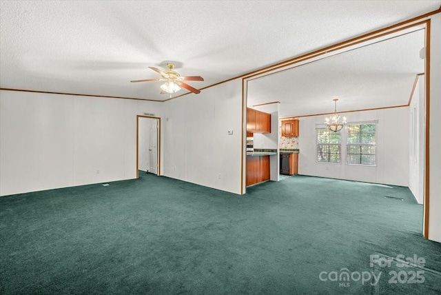 5212 Timber Creek Ct, Kings Mountain, NC 28086 - unfurnished living room featuring a chandelier, a ceiling fan, dark colored carpet, a textured ceiling, and crown molding