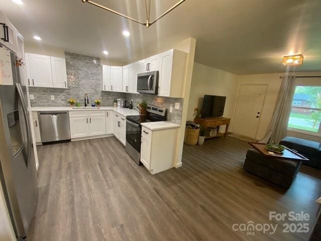 9800 Feldbank Dr, Charlotte, NC 28216 - kitchen featuring stainless steel appliances, wood finished floors, open floor plan, decorative backsplash, and recessed lighting