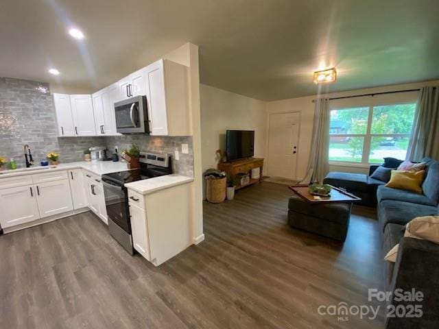 9800 Feldbank Dr, Charlotte, NC 28216 - kitchen with appliances with stainless steel finishes, open floor plan, dark wood-style flooring, light countertops, and backsplash