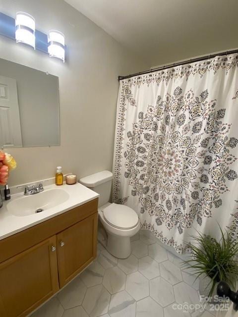 9800 Feldbank Dr, Charlotte, NC 28216 - full bathroom with vanity, tile patterned floors, a shower with shower curtain, and vaulted ceiling