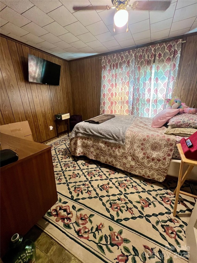 302 Margarette Ave, Belmont, NC 28012 - bedroom featuring wood walls and ceiling fan