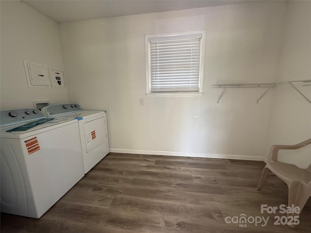 206 College Ave, Shelby, NC 28152 - washroom featuring washer and clothes dryer, dark wood-type flooring, and electric panel
