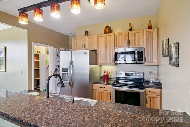 585 Clearwater Lake Rd, Kershaw, SC 29067 - kitchen with appliances with stainless steel finishes, light brown cabinets, and dark countertops