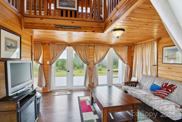 585 Clearwater Lake Rd, Kershaw, SC 29067 - living room with french doors, plenty of natural light, wooden walls, and wood finished floors