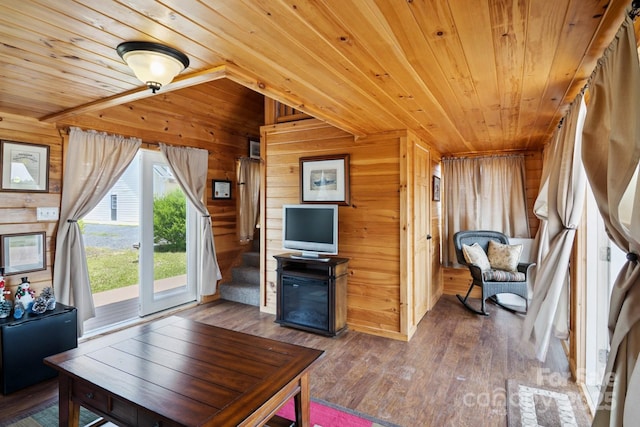 585 Clearwater Lake Rd, Kershaw, SC 29067 - living area featuring wooden ceiling, wooden walls, hardwood / wood-style flooring, vaulted ceiling, and stairway