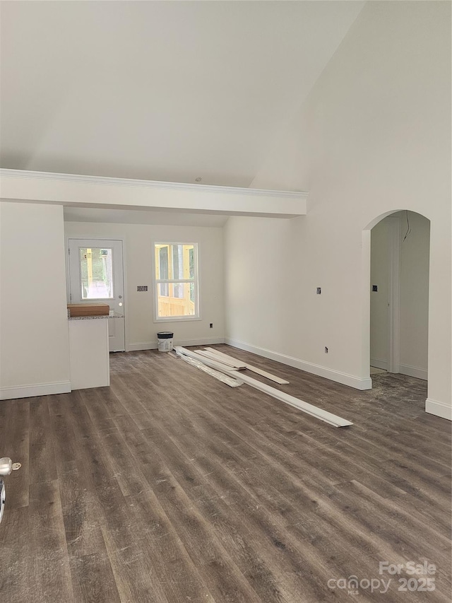 154 Hinton St, Chester, SC 29706 - unfurnished living room featuring arched walkways, high vaulted ceiling, and dark wood-style floors
