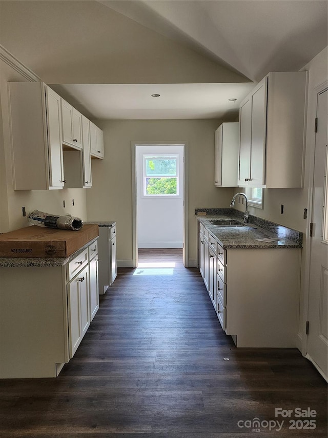 154 Hinton St, Chester, SC 29706 - kitchen with dark wood-style flooring, recessed lighting, white cabinets, and dark stone countertops