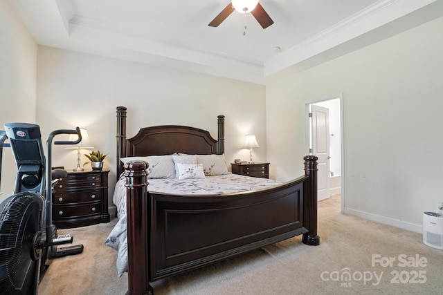 8275 Normandy Rd, Denver, NC 28037 - bedroom with light carpet, a raised ceiling, ornamental molding, and ceiling fan