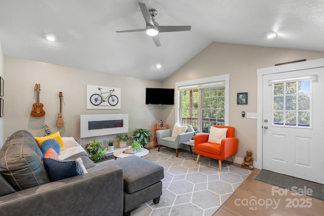 12 Buckshot Ridge Dr, Asheville, NC 28804 - living area with lofted ceiling, ceiling fan, wood finished floors, recessed lighting, and a fireplace