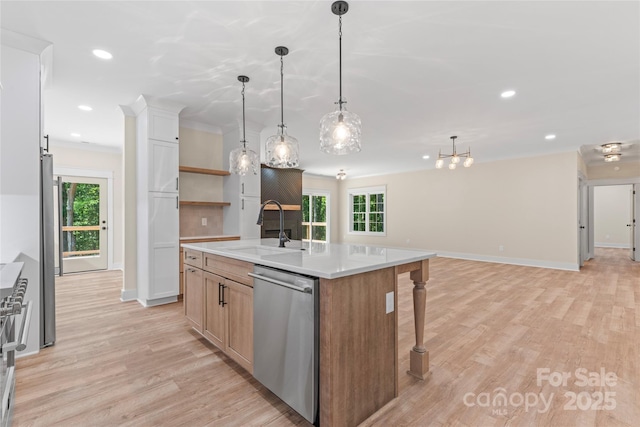 510 State Rd, China Grove, NC 28023 - kitchen featuring stainless steel dishwasher, light wood-type flooring, plenty of natural light, recessed lighting, and crown molding