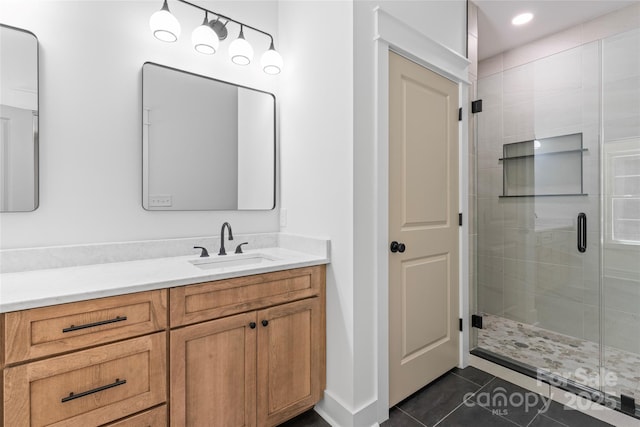 510 State Rd, China Grove, NC 28023 - full bathroom featuring vanity, a shower stall, tile patterned flooring, and recessed lighting