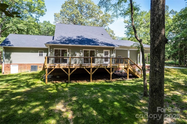 510 State Rd, China Grove, NC 28023 - back of property with a wooden deck, a yard, roof with shingles, and stairs