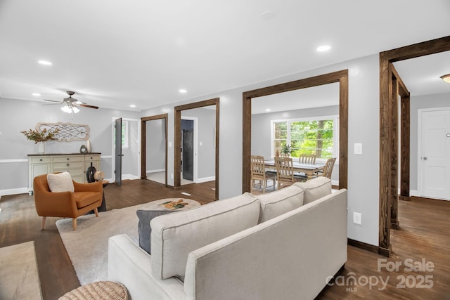 1623 Lumarka Dr, Charlotte, NC 28212 - living room with wood finished floors, recessed lighting, and a ceiling fan