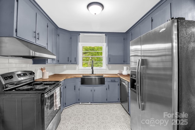 1623 Lumarka Dr, Charlotte, NC 28212 - kitchen featuring stainless steel appliances, under cabinet range hood, tasteful backsplash, and wooden counters