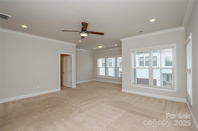 10149 Meeting House Dr NW, Huntersville, NC 28078 - unfurnished room with light carpet, ornamental molding, a ceiling fan, and recessed lighting
