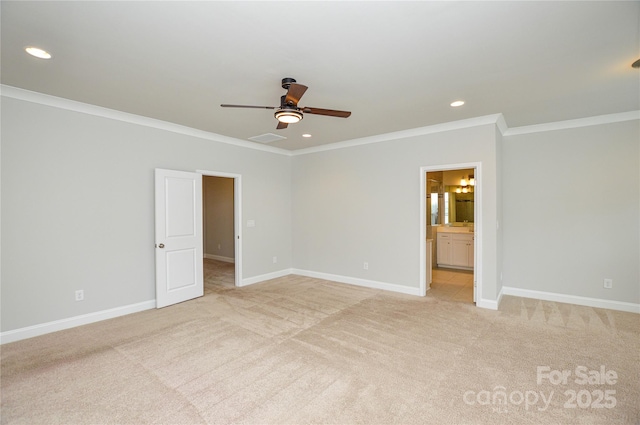 10149 Meeting House Dr NW, Huntersville, NC 28078 - unfurnished bedroom with ornamental molding, light colored carpet, recessed lighting, ensuite bathroom, and ceiling fan
