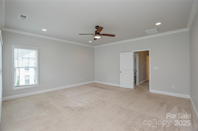 10149 Meeting House Dr NW, Huntersville, NC 28078 - empty room featuring ornamental molding, a ceiling fan, light colored carpet, and recessed lighting